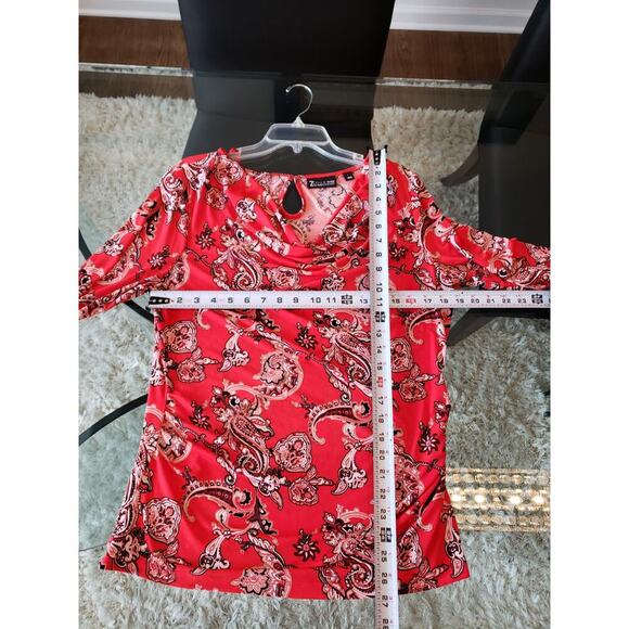 7th Avenue Blouse Women L Red Paisley Stretch Long Sleeve Ruched Cowl Neck Top - Picture 13 of 13